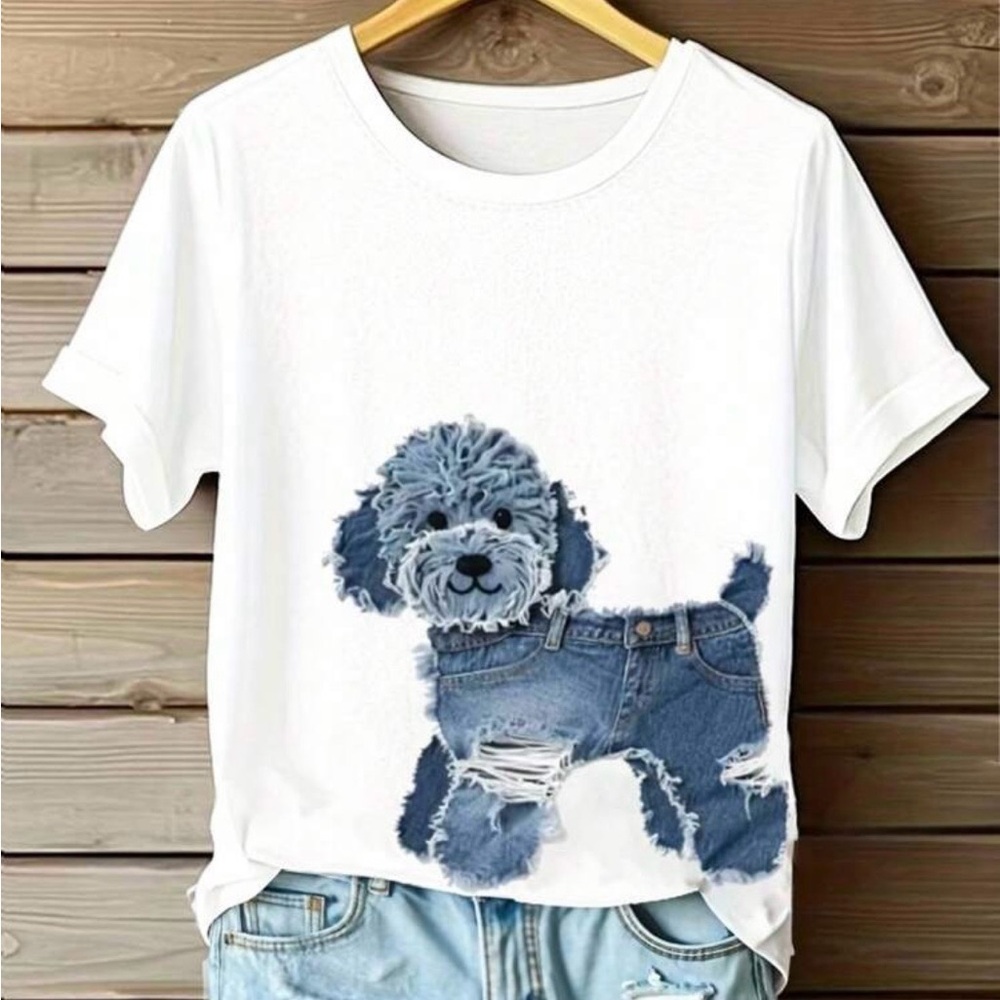 Women’s White T-shirt Cute Dog & Denim print Size S